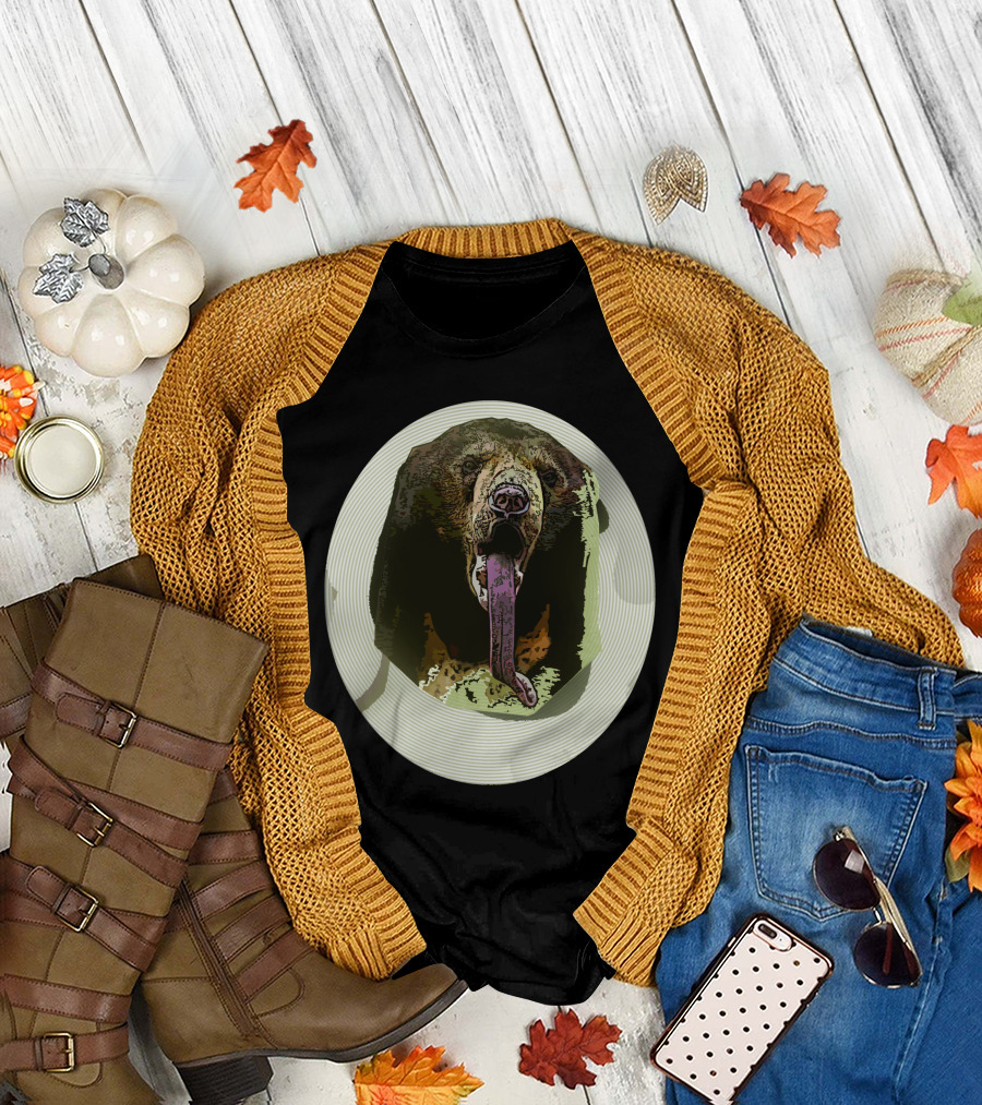 Bear Circle Psychedelic Illustration with Tongue Out T-Shirt