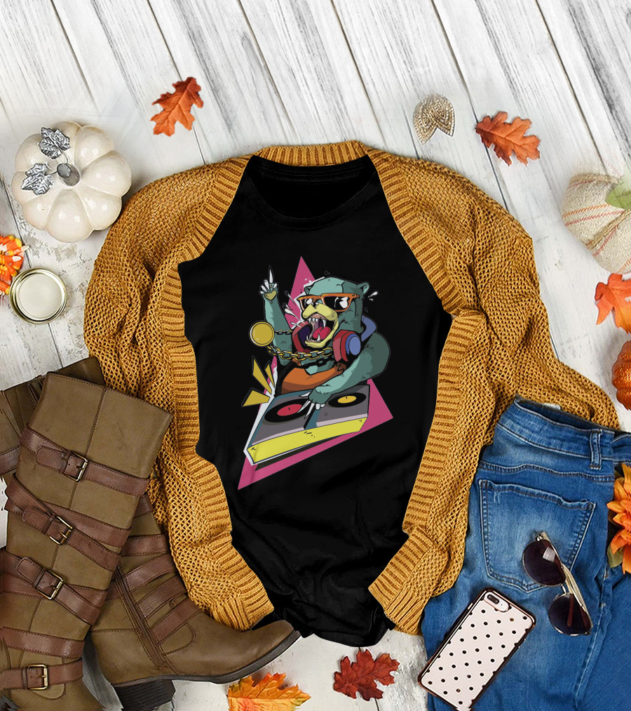 Bear DJ Spinning Turntables with Bling Glasses and Headphones T-Shirt