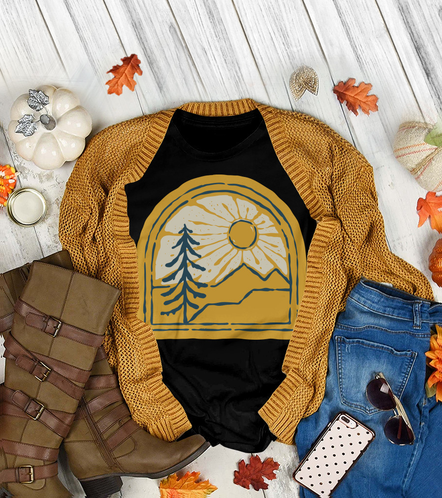 Beauty Nature Sun and Mountain Landscape with Tree T-Shirt