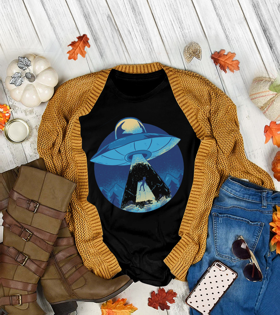 Alien Abduction UFO Light Beam with Person in Blue Night Scene T-Shirt