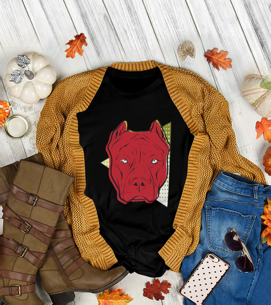 Angry Red Pitbull Face with Geometric Background T-Shirt