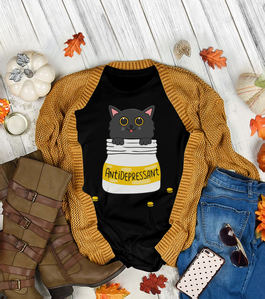 Antidepressant Cat in Pill Bottle with Big Eyes and Coins T-Shirt