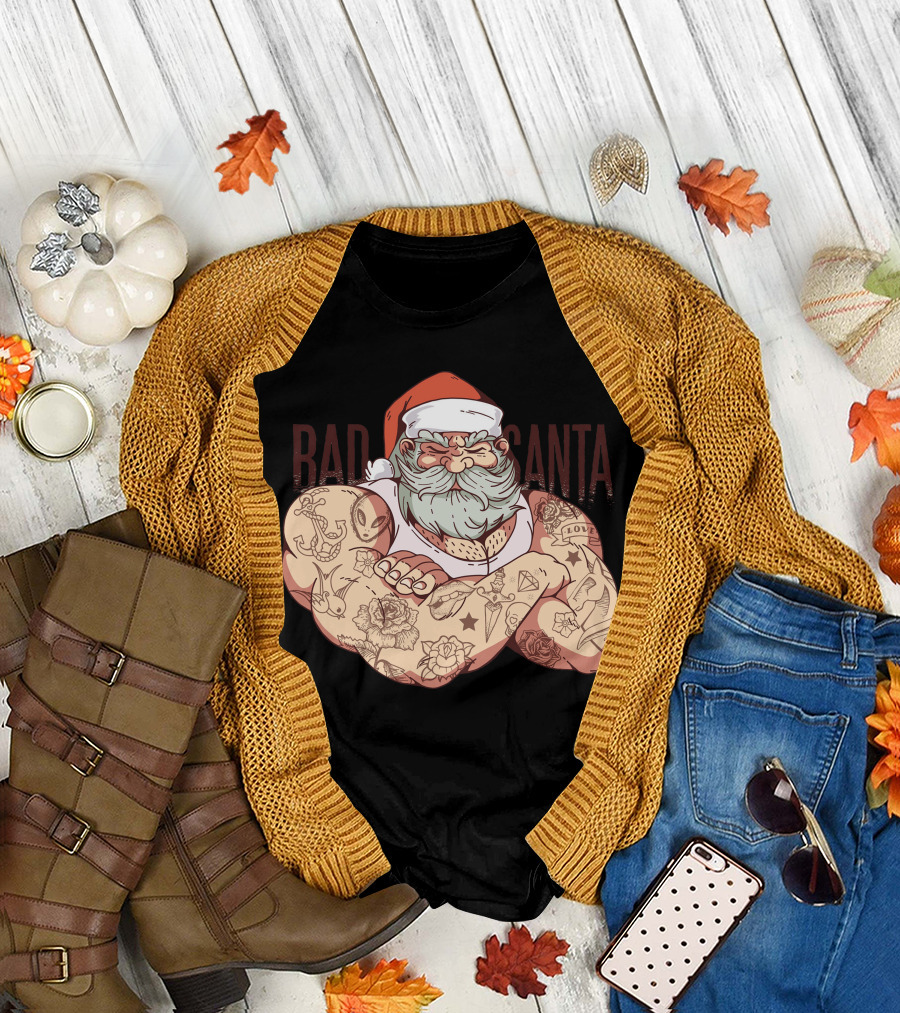 Bad Tattoo Santa Muscular Christmas Inked Holiday T-Shirt
