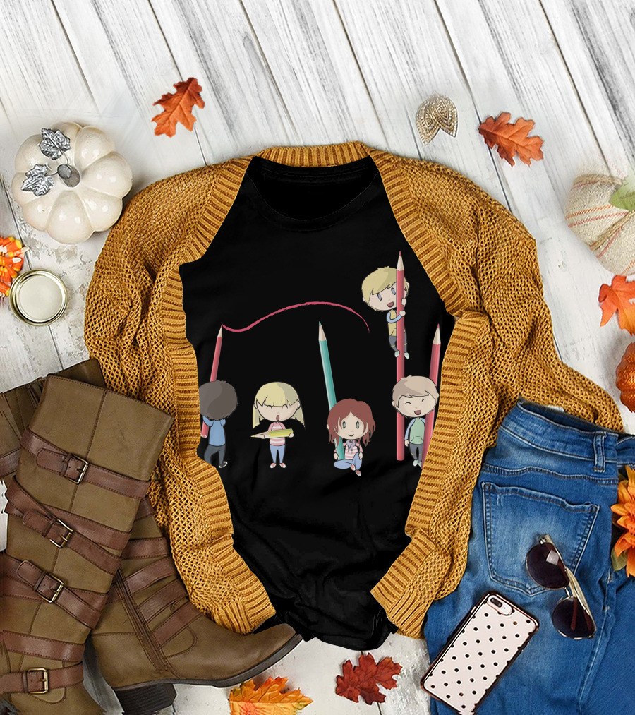 Children Holding Giant Colored Pencils Playfully Drawing Line T-Shirt