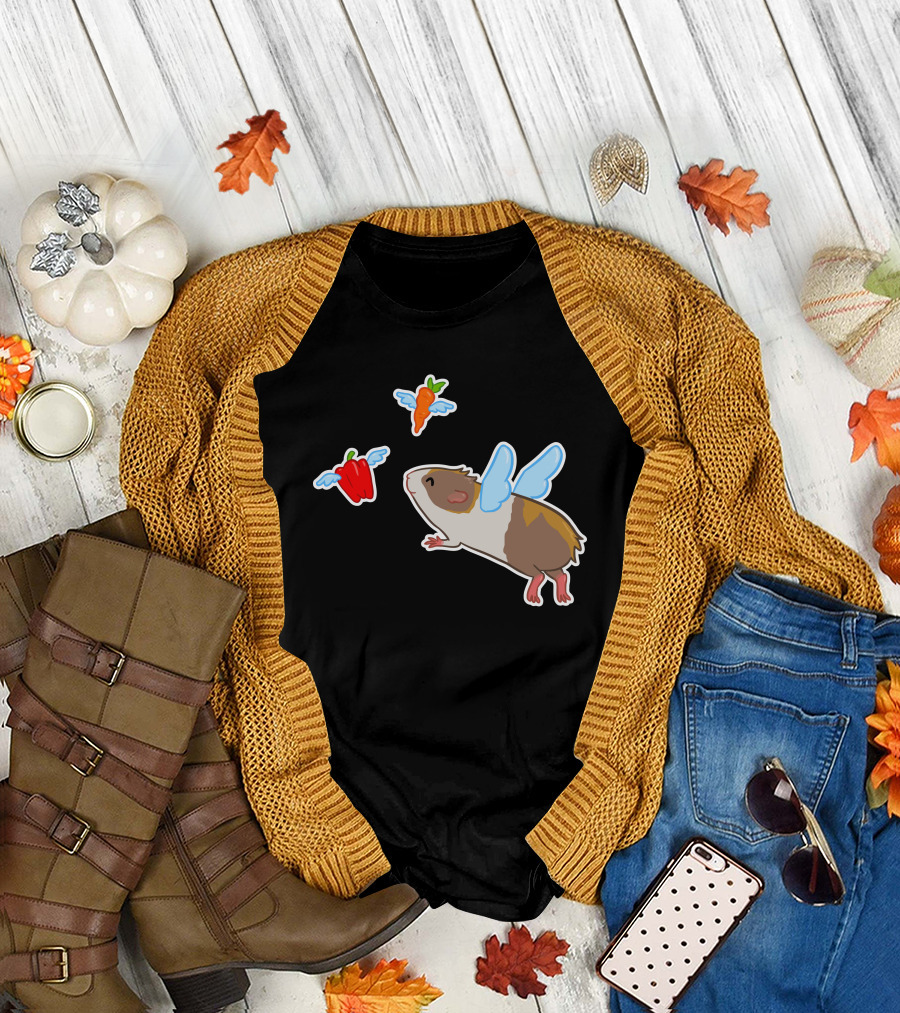 Guinea Pig with Wings Chasing Flying Carrot and Bell Pepper T-Shirt