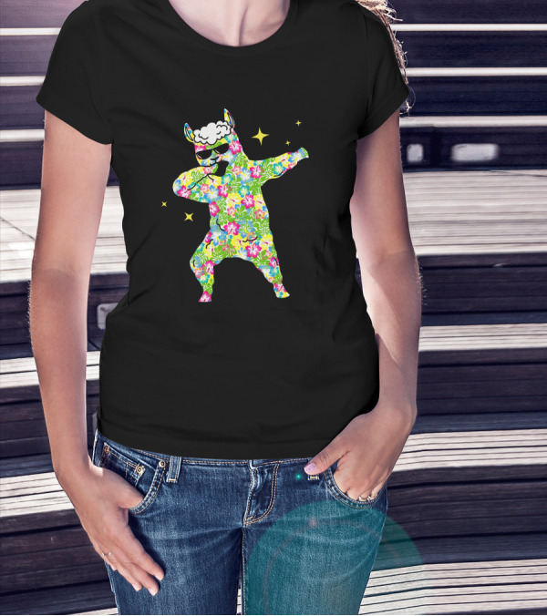 Llama Dabbing Hawaiian Floral Pattern With Sunglasses And Stars T-Shirt