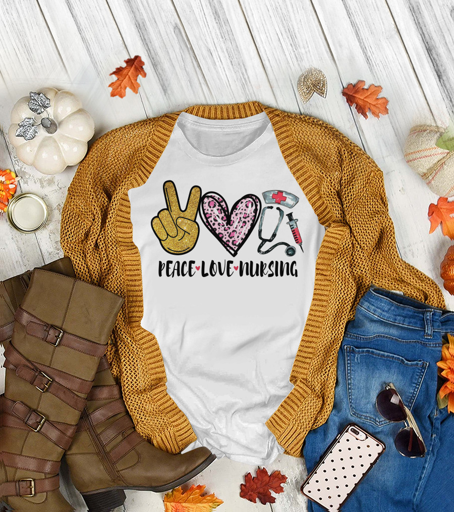 Peace Love Nursing Glitter Heart Stethoscope Syringe Hat T-Shirt