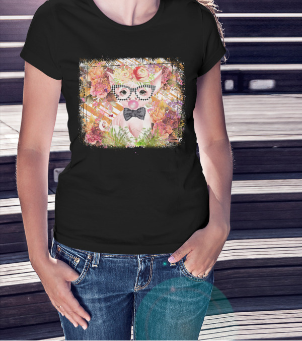 Floral Pig With Checkered Glasses And Bow Tie T-Shirt