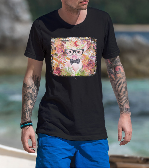 Floral Pig With Checkered Glasses And Bow Tie T-Shirt