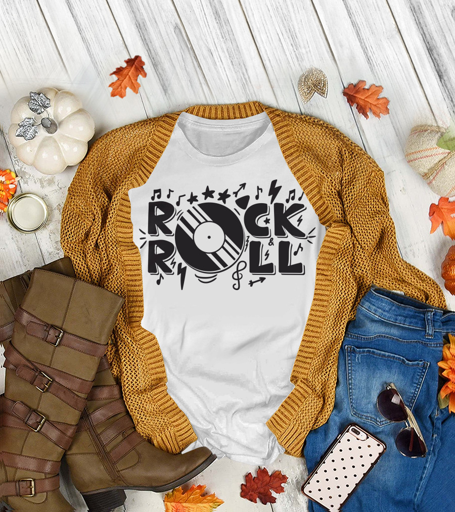 Rock Roll Music Notes Stars Vinyl Record Lightning T-Shirt