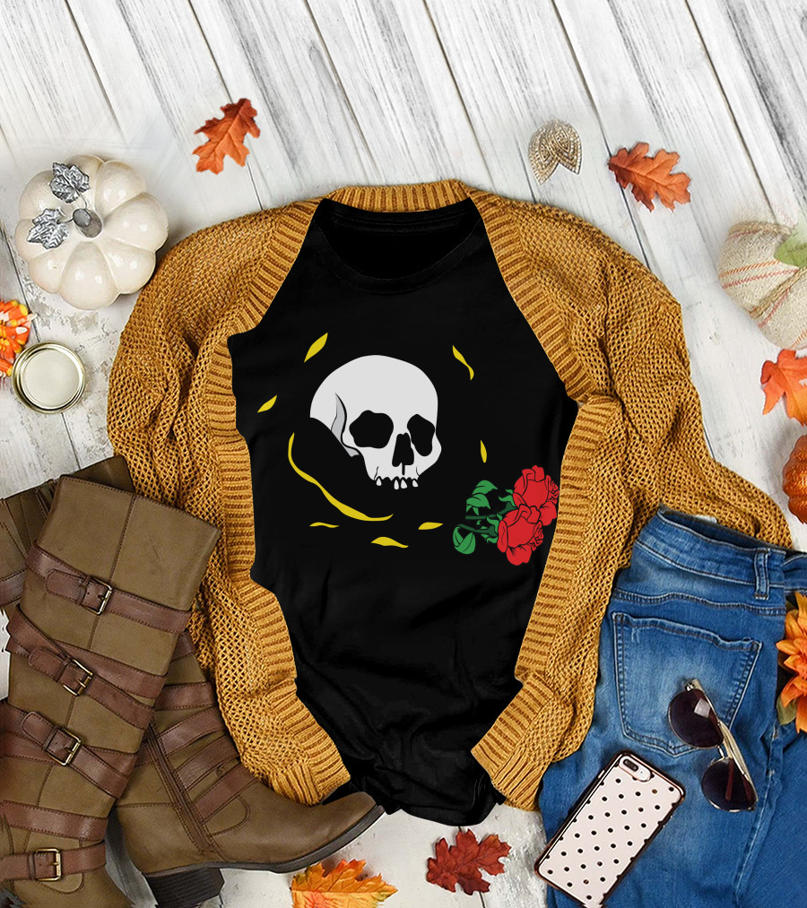 Black Rose Skull with Red Roses T-Shirt