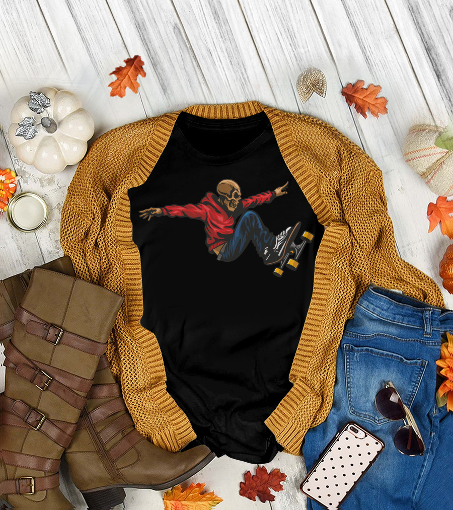 Skateboarder Skull in Red Hoodie Jumping with Yellow Wheels T-Shirt
