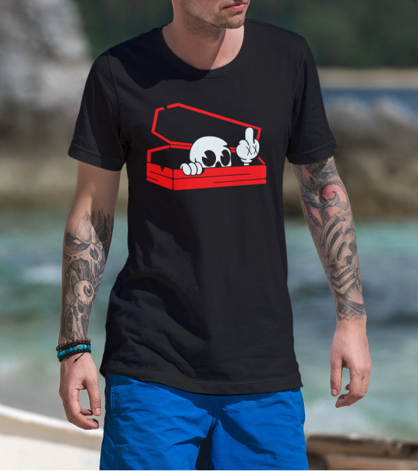 Skull In Red Coffin Middle Finger Gesture T-Shirt