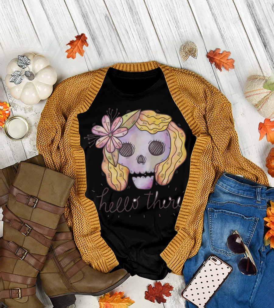 Hello There Skull with Flower and Pastel Colors T-Shirt