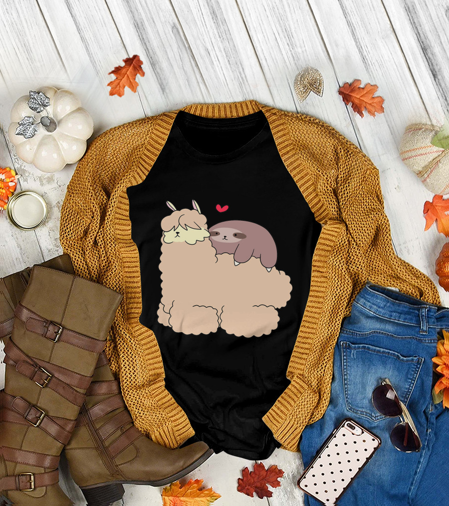 Sloth with Heart Rests on Fluffy Alpaca T-Shirt