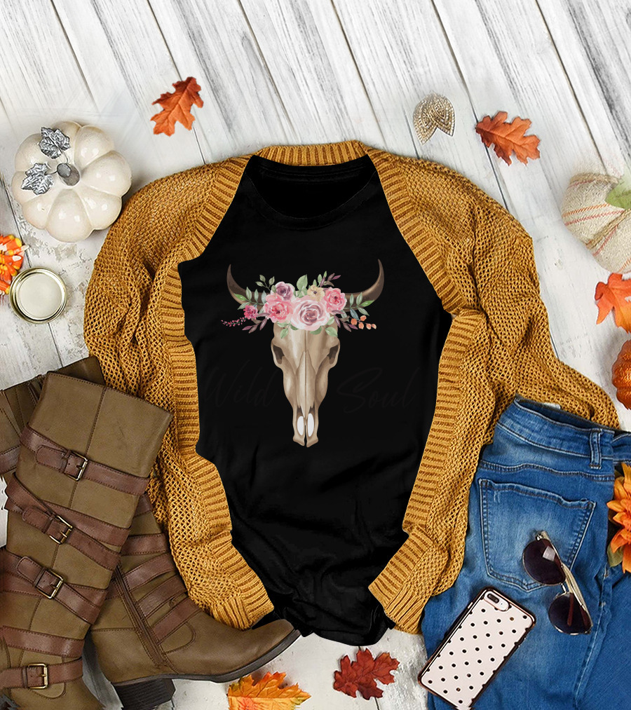 Wild Soul Bohemian Floral Bull Skull T-Shirt