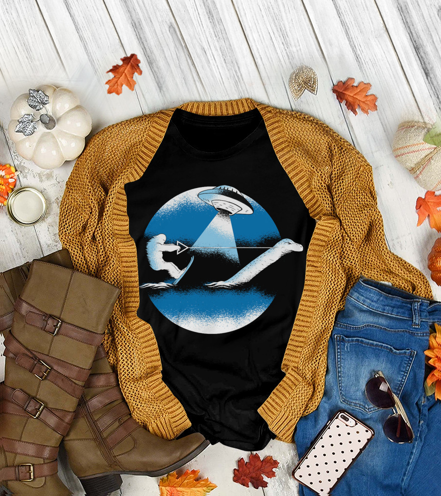 Bigfoot Water Skiing with Loch Ness Monster and UFO T-Shirt
