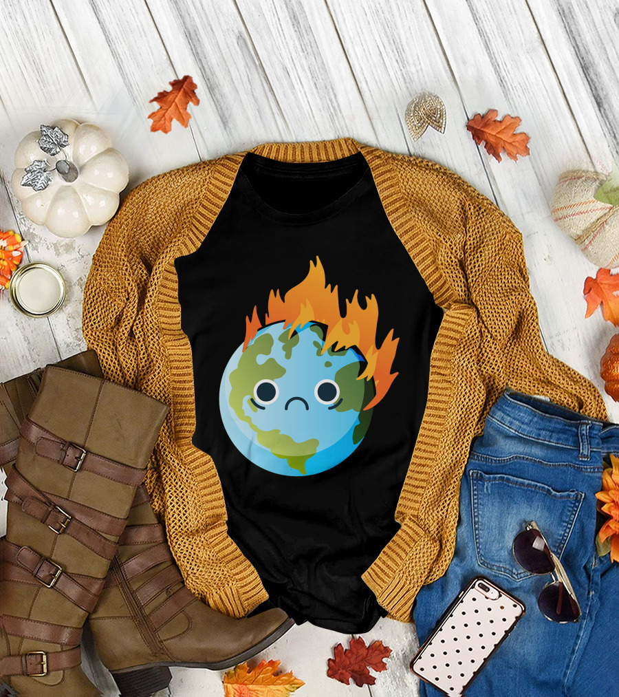 Sad Earth on Fire Iconic Hot Planet T-Shirt