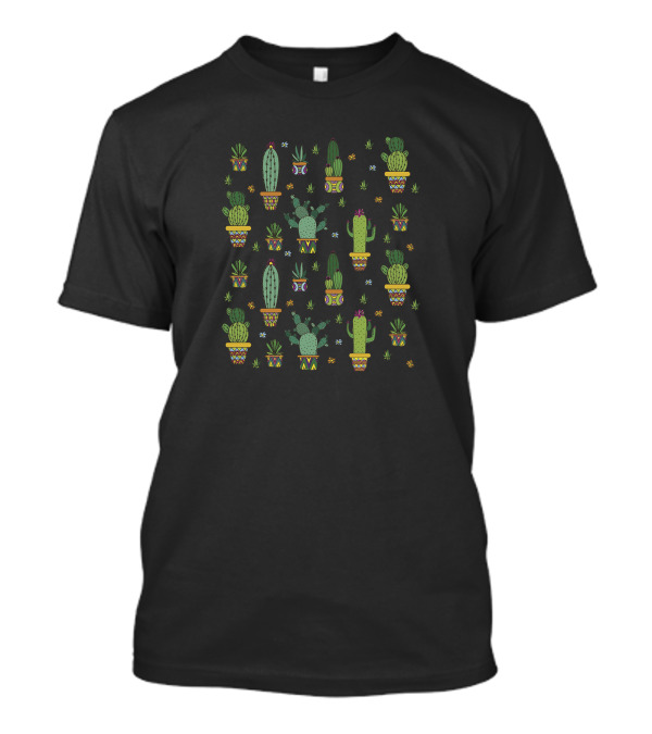 Cactus Pattern With Pots And Flowers T-Shirt