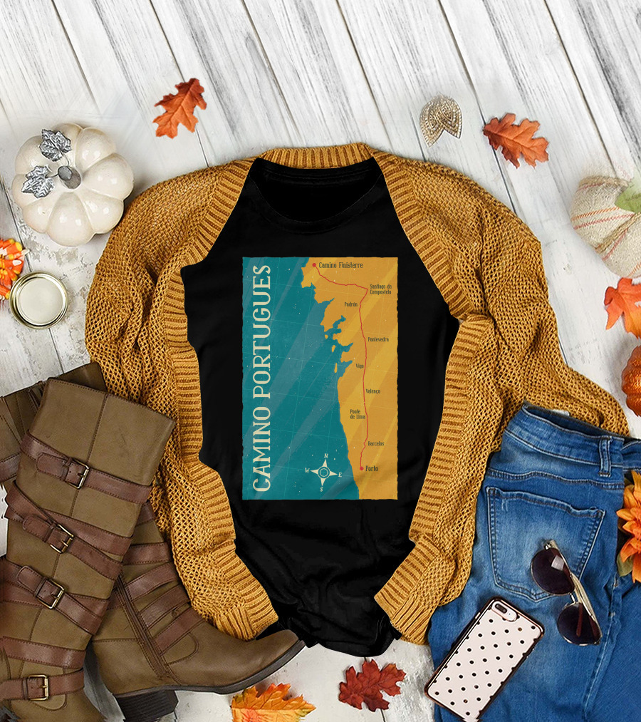 Camino Portugues Path Map Porto to Santiago de Compostela T-Shirt