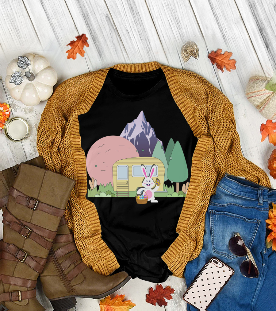 Camping Happy Easter Day Bunny Easter Eggs Mountains Forest Trailer T-Shirt