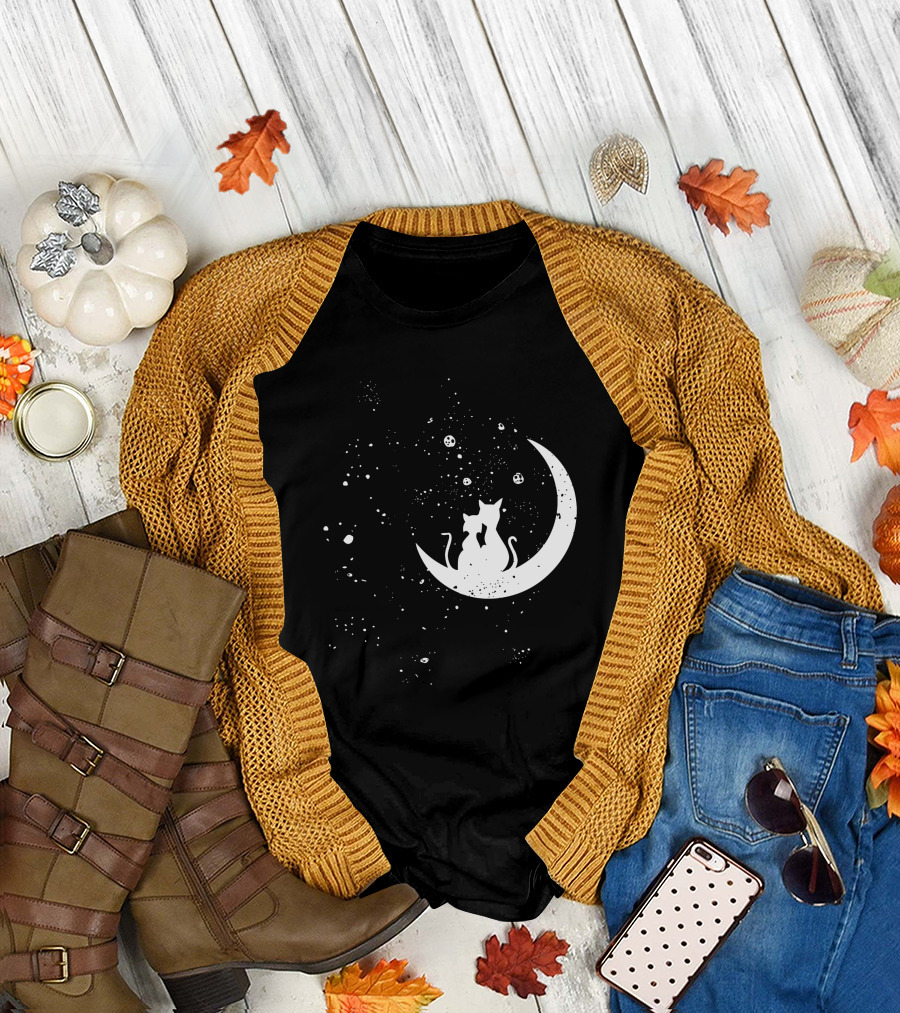 Cat Moon Love Silhouette on Starry Sky T-Shirt