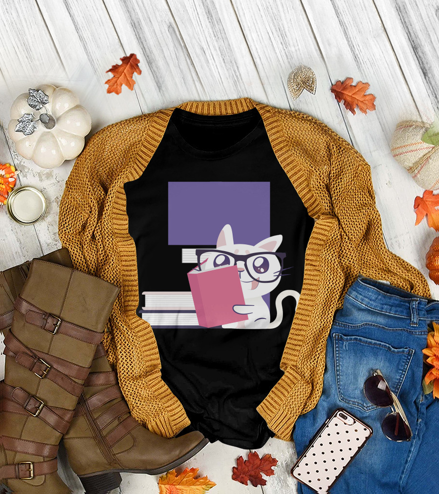 Cat Reading Books Glasses Cute Adorable Stack T-Shirt