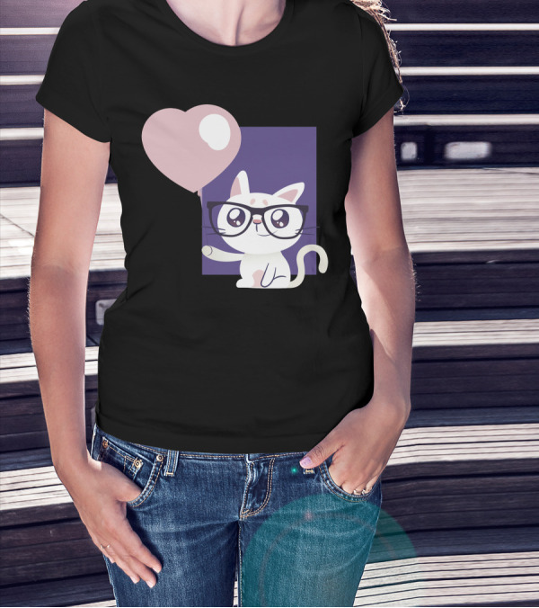Cute Cat With Glasses Holding Heart Balloon T-Shirt