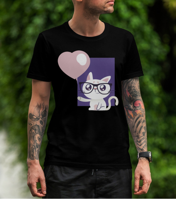 Cute Cat With Glasses Holding Heart Balloon T-Shirt