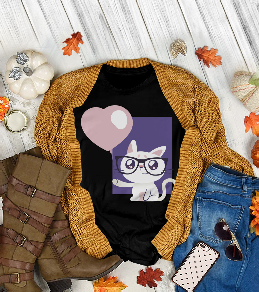 Cute Cat With Glasses Holding Heart Balloon T-Shirt