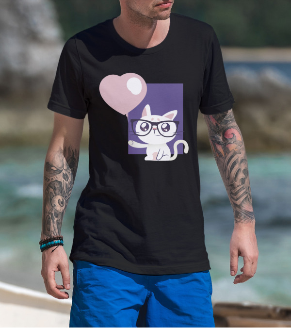 Cute Cat With Glasses Holding Heart Balloon T-Shirt