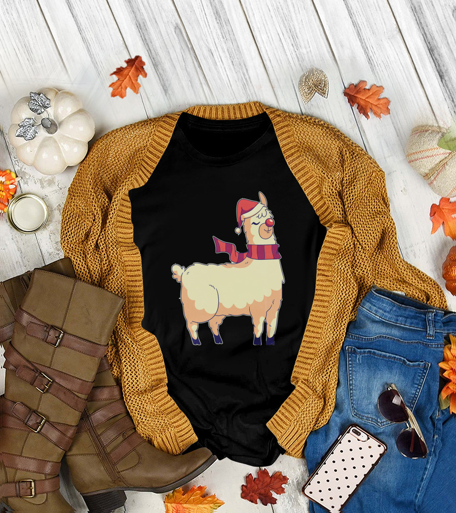 Christmas Alpaca Santa Hat Red Scarf Festive T-Shirt