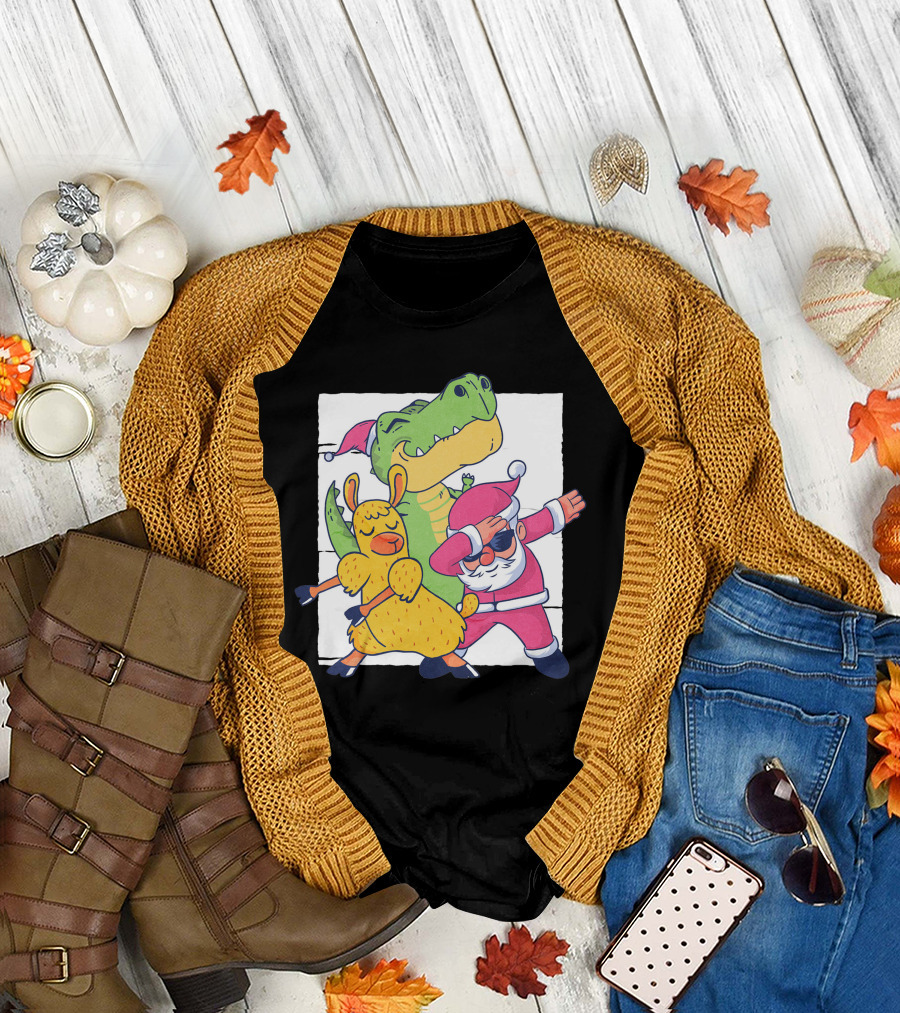 Santa Dabbing with Dinosaur and Llama in Christmas Characters T-Shirt