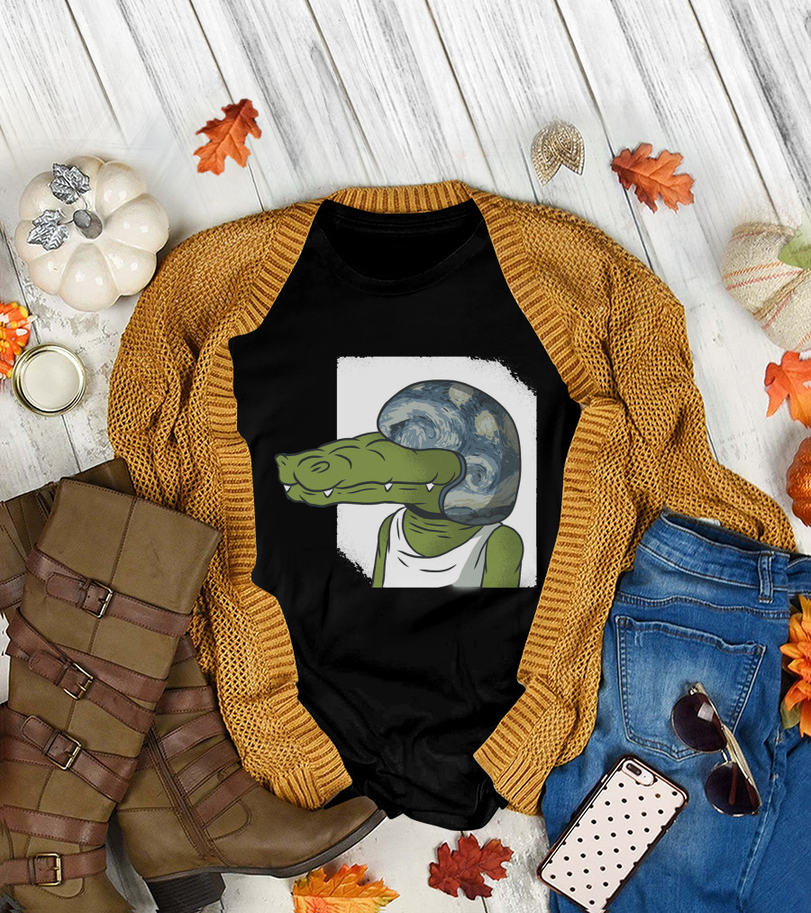 Crocodile Wearing Van Gogh Starry Night Helmet T-Shirt