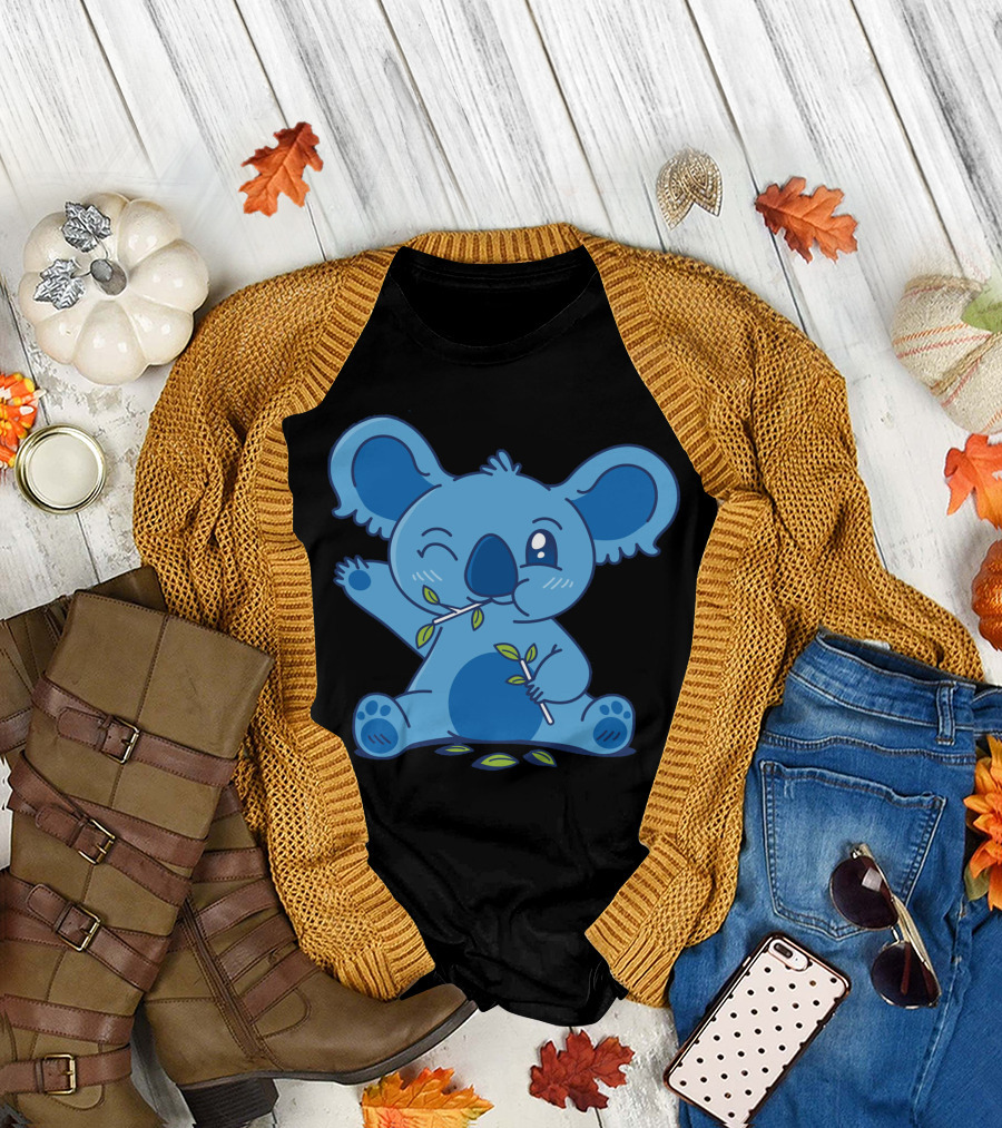 Cute Blue Koala Eating Eucalyptus Leaves T-Shirt