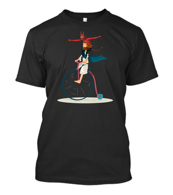 Devil And Jesus Riding Penny Farthing T-Shirt