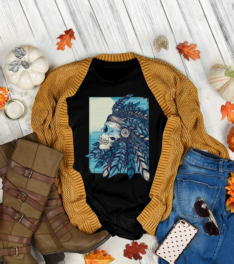 Native Skull Feather Headdress Blue T-Shirt