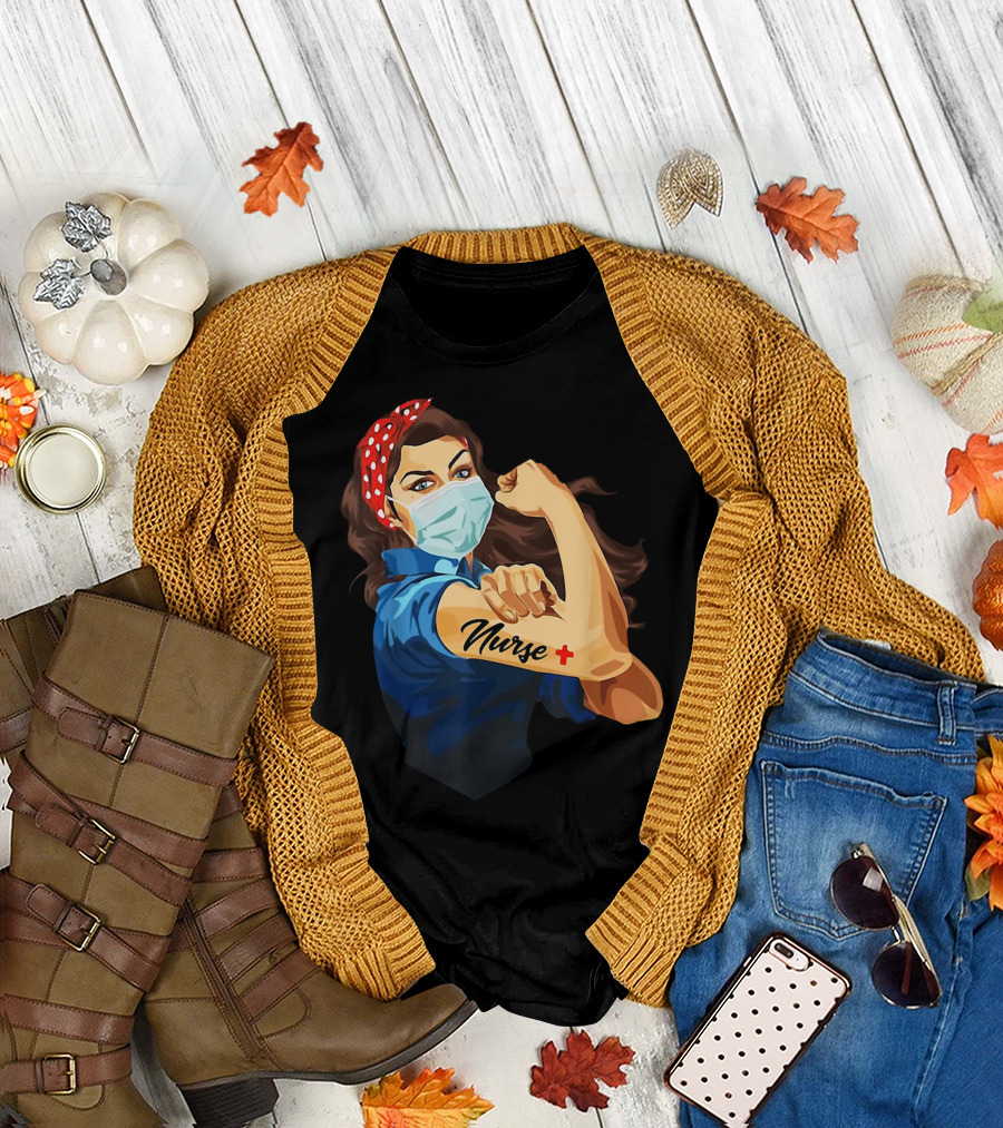 Nurse Strong Masked Rosie Riveter Tattoo T-Shirt