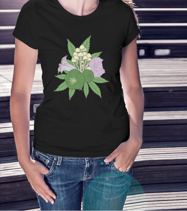 Psychoactive Plants Botanical Compilation Magic Mushrooms Cannabis Datura Peyote T-Shirt