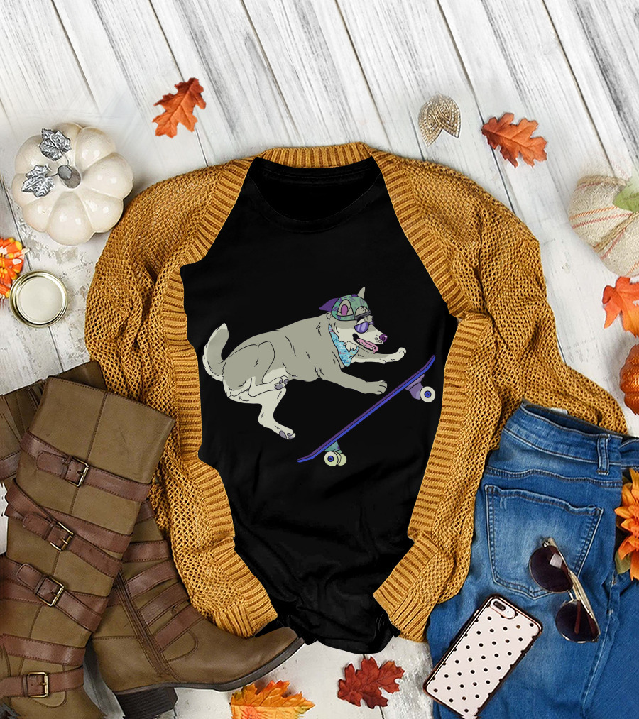 Rad Dog Skateboarding with Sunglasses and Hat T-Shirt