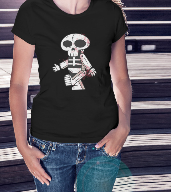 Robot Skull Cartoon Character With Red Accents T-Shirt