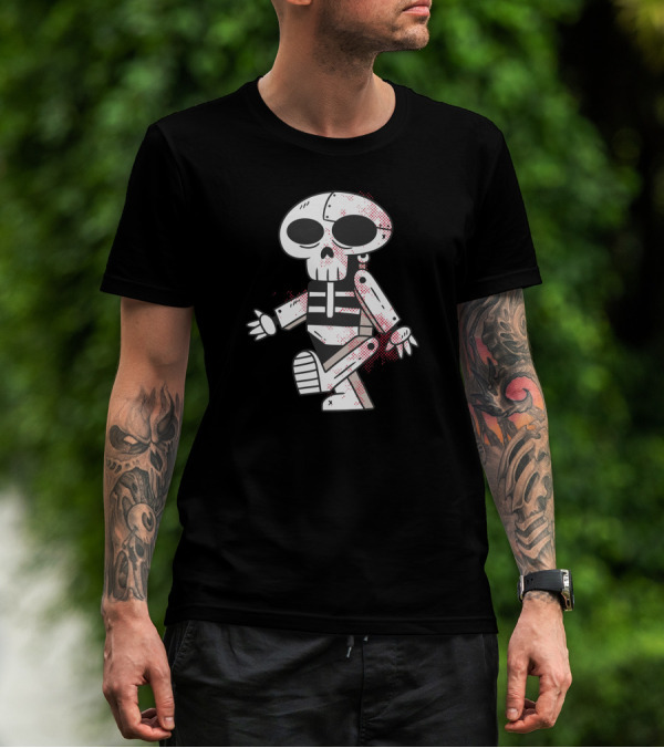 Robot Skull Cartoon Character With Red Accents T-Shirt