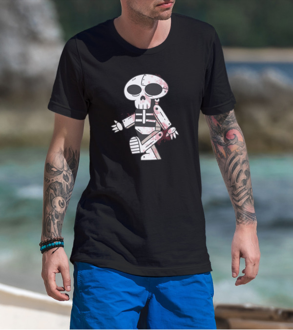 Robot Skull Cartoon Character With Red Accents T-Shirt