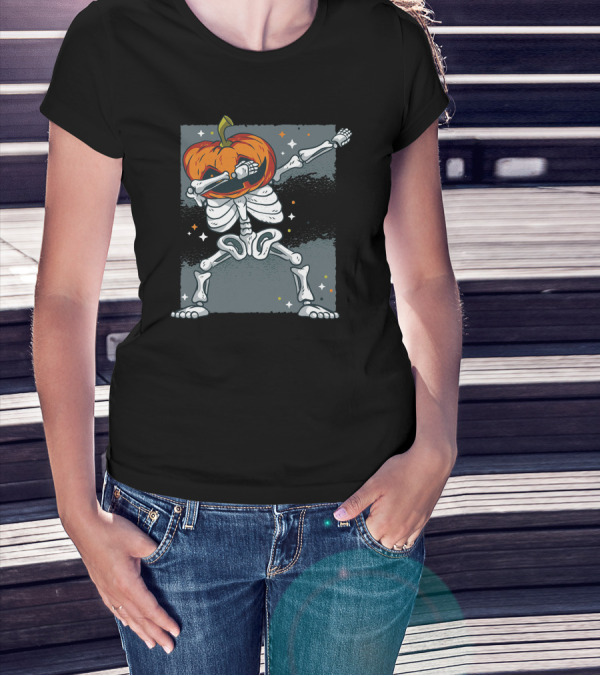 Skeleton Dab Pumpkin Head Halloween Dance T-Shirt