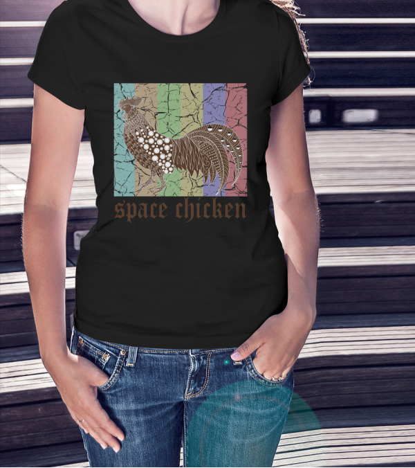 Space Chicken Retro Pop Art Rooster On Cracked Color Blocks T-Shirt