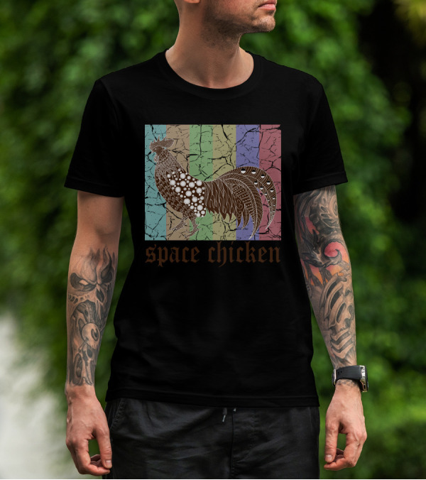 Space Chicken Retro Pop Art Rooster On Cracked Color Blocks T-Shirt