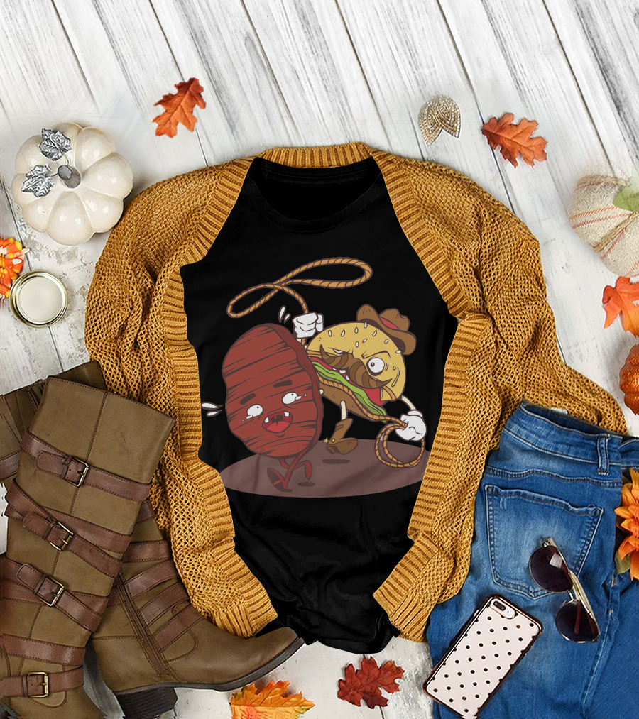 Burger Cowboy Lassoing a Cartoon Steak T-Shirt