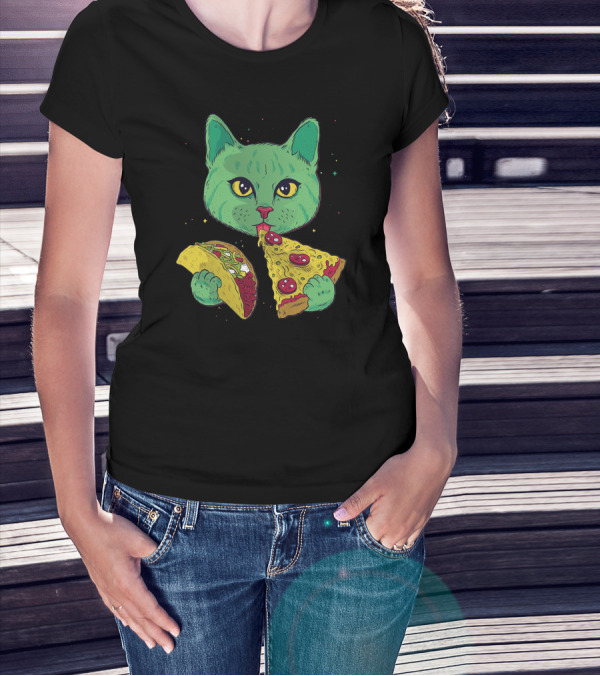 Cosmic Cat Pizza And Taco Delight T-Shirt