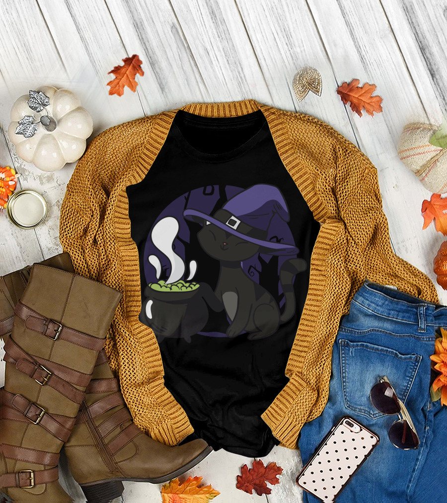 Cute Witch Cat with Cauldron and Purple Hat T-Shirt