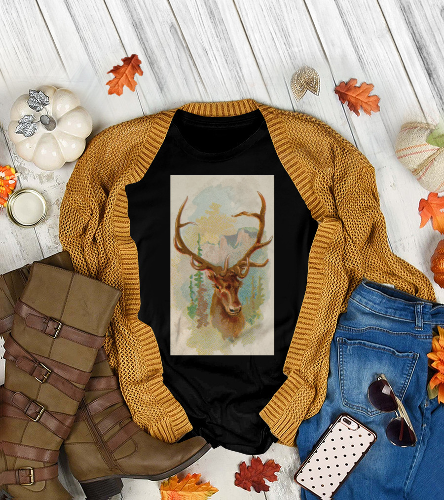 Deer Picture Nature Scene with Antlers and Mountain Background T-Shirt